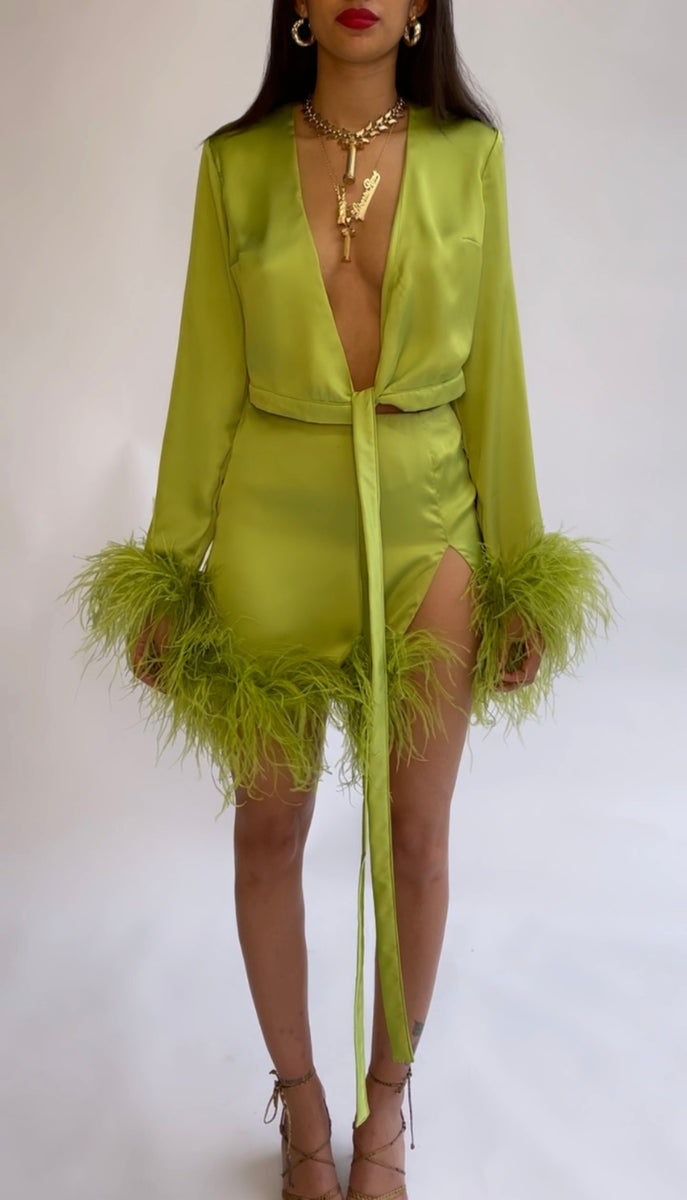 green emerald velvet dress Lime Green Feather Matching Set