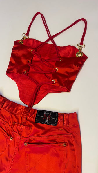 UPCYCLED - JEAN PAUL GAULTIER RED / ORANGE SATIN BACKLESS CORSET SET