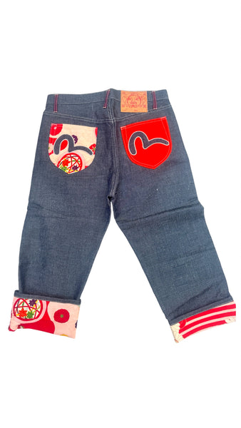 UPCYCLED - EVISU DENIM SKIRT SET WITH PRINTED BIKINI TOP