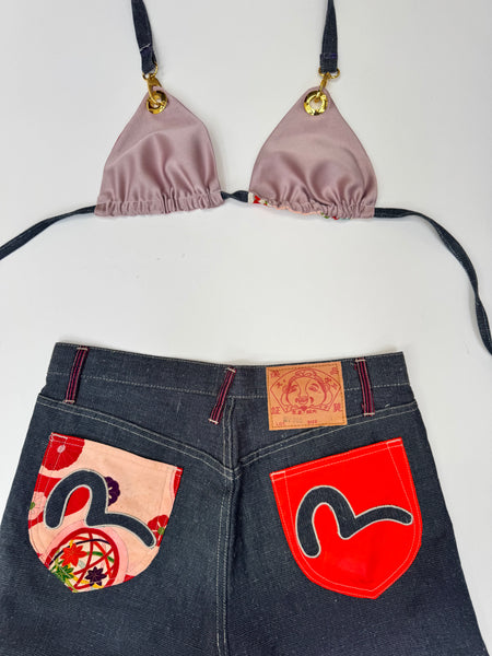 UPCYCLED - EVISU DENIM SKIRT SET WITH PRINTED BIKINI TOP