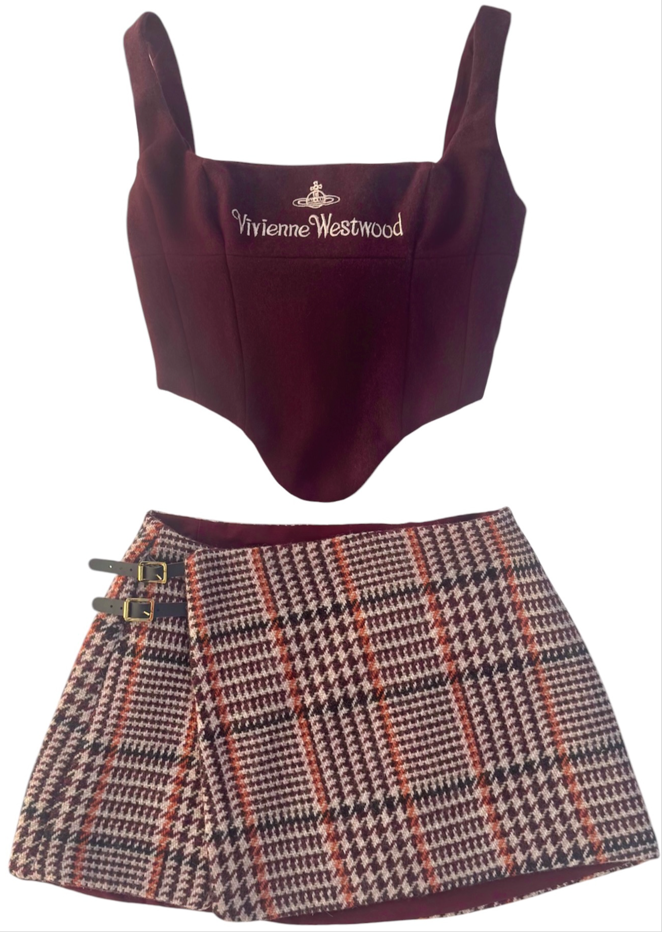 UPCYCLED - VIVIENNE WESTWOOD WOOL CORSET SKIRT SET - BURGUNDY CHECK