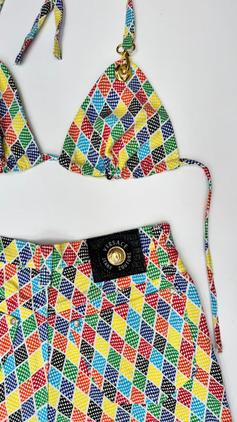 UPCYCLED - GIANNI VERSACE MULTI COLOURED DIAMOND PRINT SKIRT SET