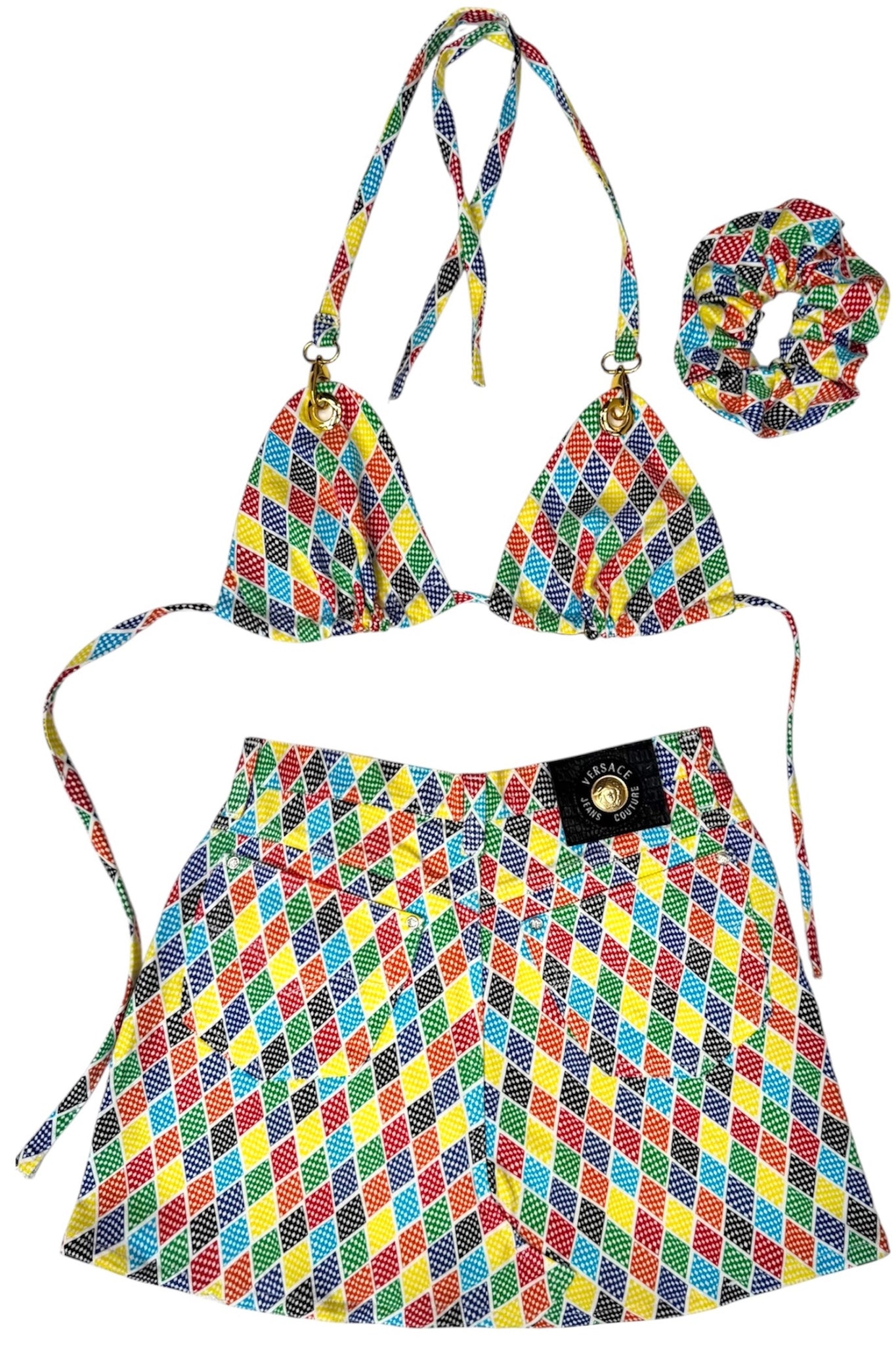UPCYCLED - GIANNI VERSACE MULTI COLOURED DIAMOND PRINT SKIRT SET