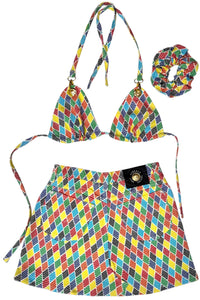 UPCYCLED - GIANNI VERSACE MULTI COLOURED DIAMOND PRINT SKIRT SET