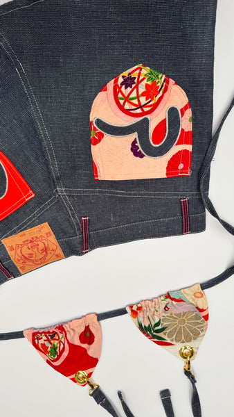 UPCYCLED - EVISU DENIM SKIRT SET WITH PRINTED BIKINI TOP
