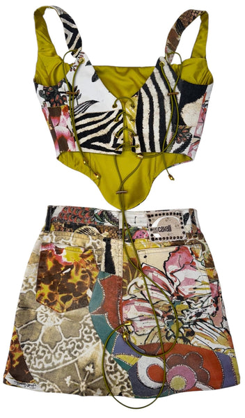 UPCYCLED - ROBERTO CAVALLI PATCHWORK PRINT CORSET SET