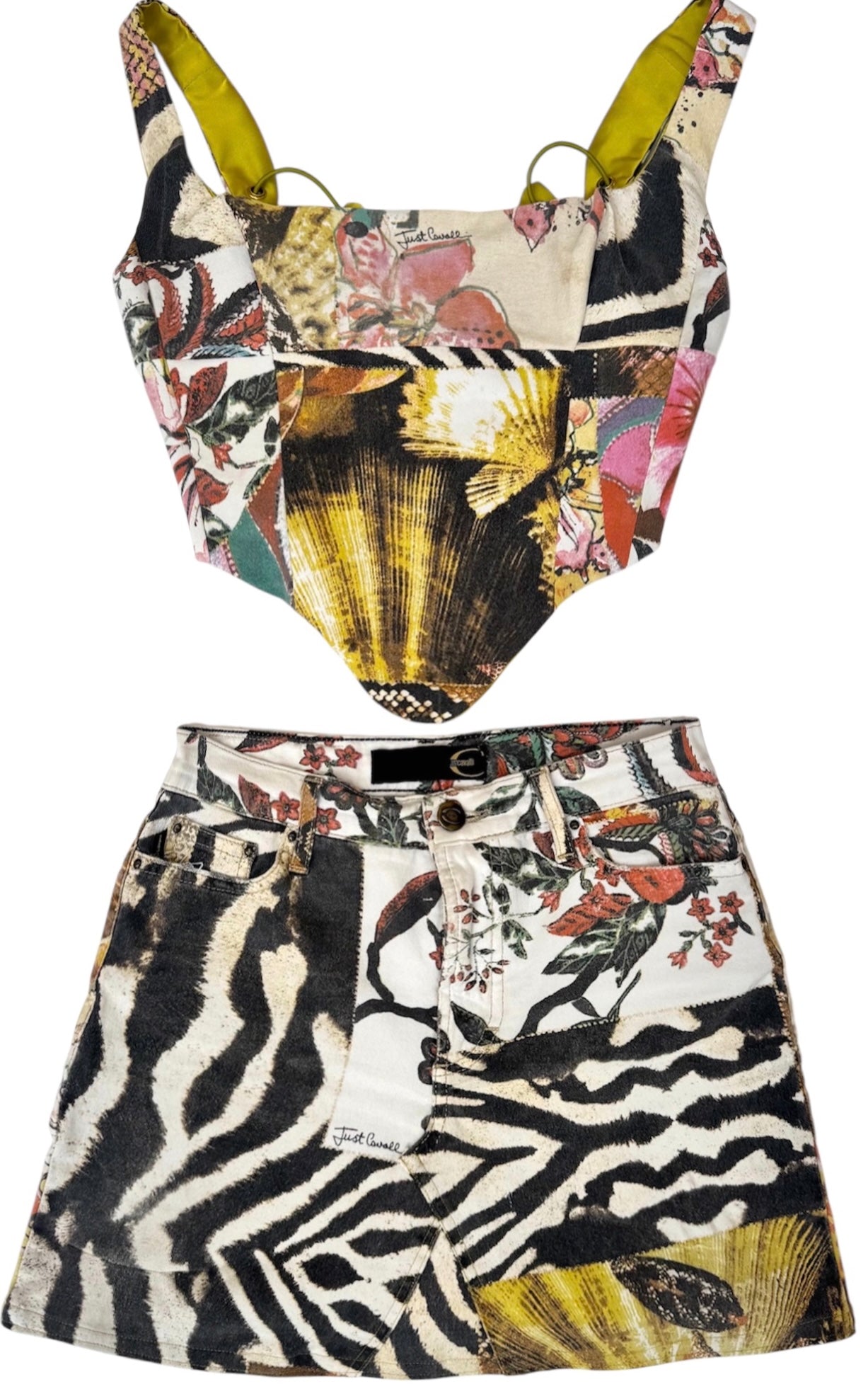 UPCYCLED - ROBERTO CAVALLI PATCHWORK PRINT CORSET SET
