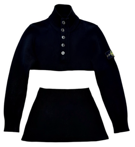 UPCYCLED - STONE ISLAND BLACK KNITTED SKIRT SET - BUTTON UP