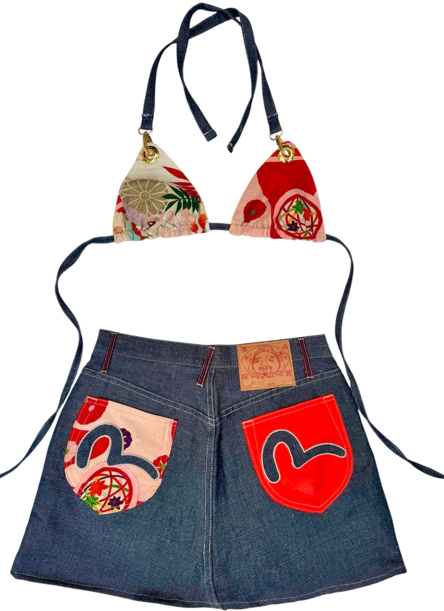 UPCYCLED - EVISU DENIM SKIRT SET WITH PRINTED BIKINI TOP