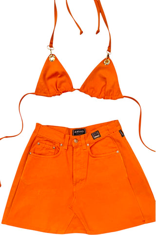 UPCYCLED - ORANGE VERSACE BIKINI SKIRT SET