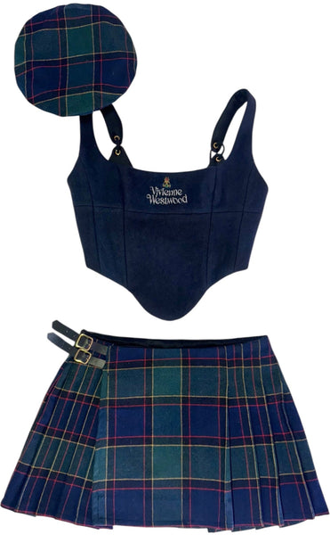 UPCYCLED - VIVIENNE WESTWOOD TARTAN SCARF KILT SET & BERET