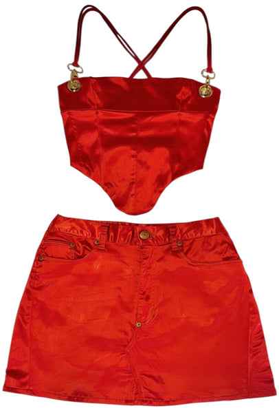 UPCYCLED - JEAN PAUL GAULTIER RED / ORANGE SATIN BACKLESS CORSET SET