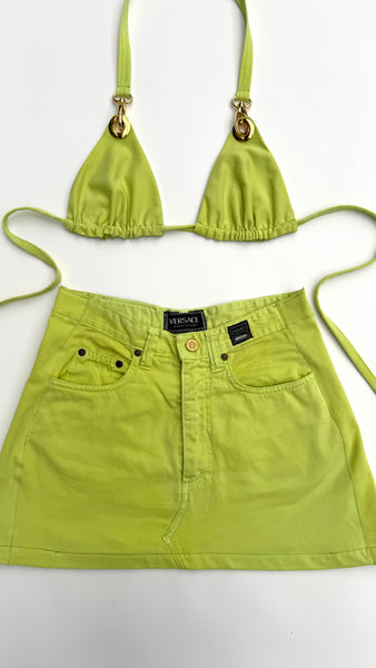 Upcycled Versace Lime Green Denim Skirt Set