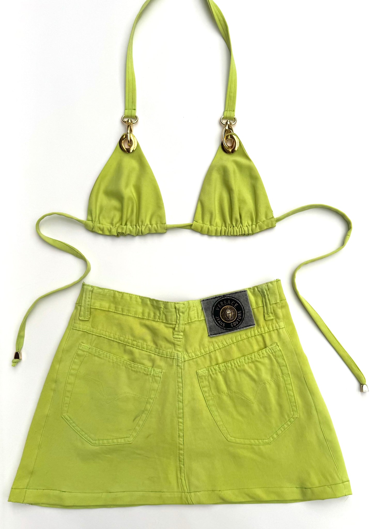 Upcycled Versace Lime Green Denim Skirt Set
