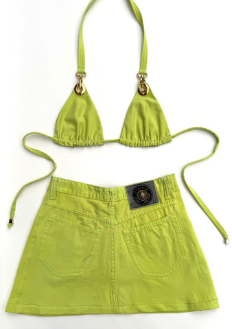 Upcycled Versace Lime Green Denim Skirt Set
