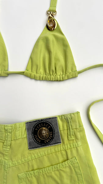 Upcycled Versace Lime Green Denim Skirt Set