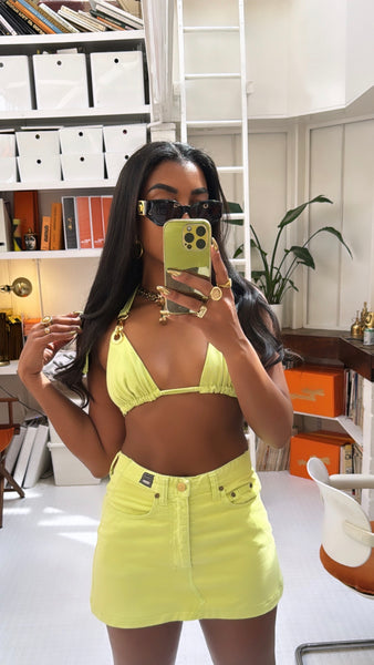 Upcycled Versace Lime Green Denim Skirt Set