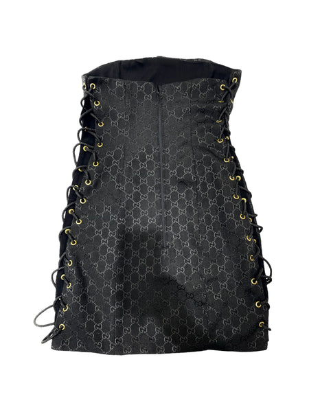 Lace-Up Bandeau Dress - Black GG Monogram
