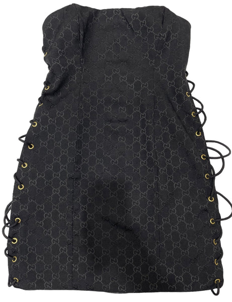 Lace-Up Bandeau Dress - Black GG Monogram